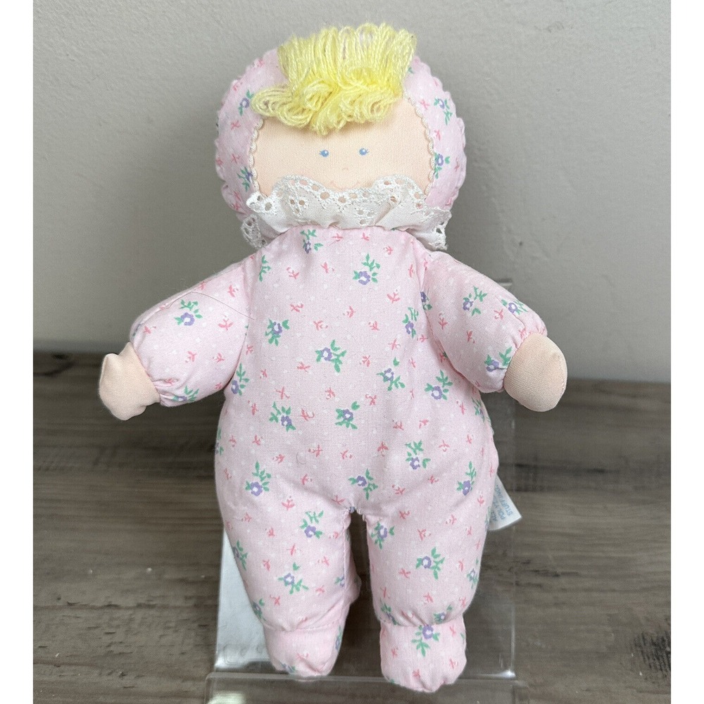 Vintage Pink Floral Soft Plush Doll Yellow Yarn Hair Baby‎ Lovey Kids Gifts 10"